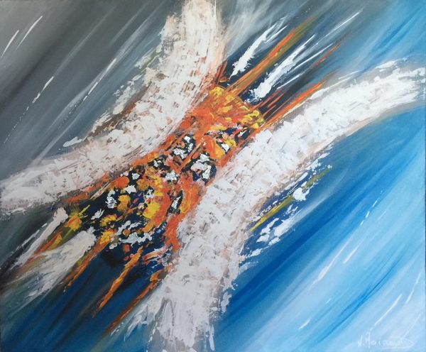 Hibou peinture à l'acrylique abstraite sur toile lin 55x46 cm