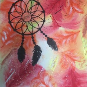 Attrape rêves peinture acrylique sur toile coton 38x46 avec attrape rêves en bois collé