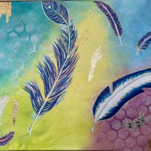 tableau, danse des plumes 30x40,acrylique et feuilles d'or