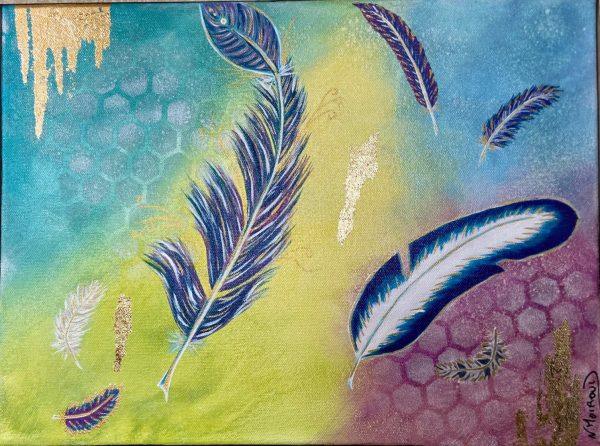 tableau, danse des plumes 30x40,acrylique et feuilles d'or