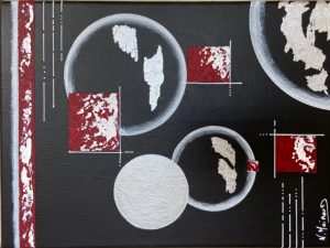 Carres rouge sur bulles argent peinture acrylique avec feuilles argent et gel de structure sable naturel sur toile lin 30x40 cm