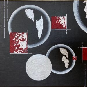 Carres rouge sur bulles argent peinture acrylique avec feuilles argent et gel de structure sable naturel sur toile lin 30x40 cm