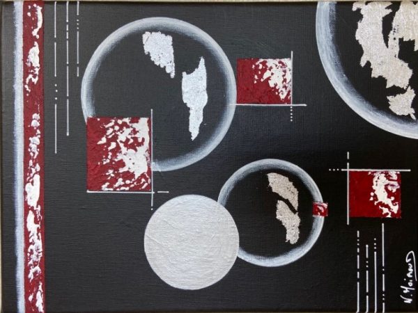 Carres rouge sur bulles argent peinture acrylique avec feuilles argent et gel de structure sable naturel sur toile lin 30x40 cm
