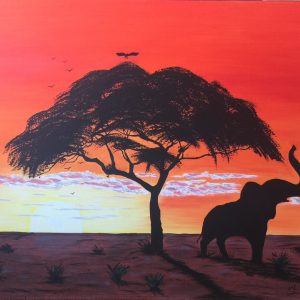 L'Eléphant au coucher du soleil, Peinture acrylique sur toile 38x46 cm