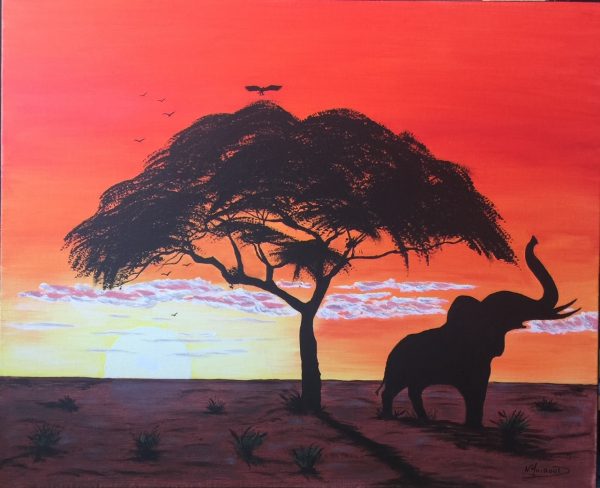 L'Eléphant au coucher du soleil, Peinture acrylique sur toile 38x46 cm