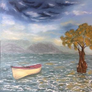 La barque peinture a l'huile sur toile lin 50x50 cm