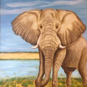 L'Eléphant dans la savane peinture à l'huile sur toile lin 46x38 cm