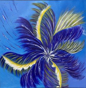 Tourbillon de plumes peinture acrylique sur toile en lin 50x50 cm