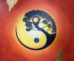 Arbre ying et yang peinture acrylique avec feuilles d'or sur toile en lin 46x55 cm