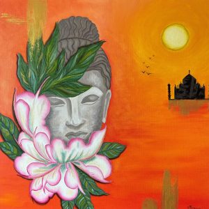Peinture huile sur toile lin fleur au tour de tête de bouddha