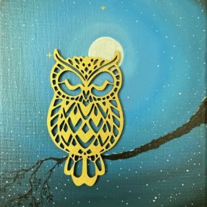 Hibou sous la pleine lune peinture acrylique sur toile lin 24x30 cm