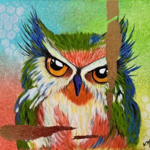 Hibou Arc-en-ciel, Peinture acrylique sur toile coton 3D 30 cm x 40 cm