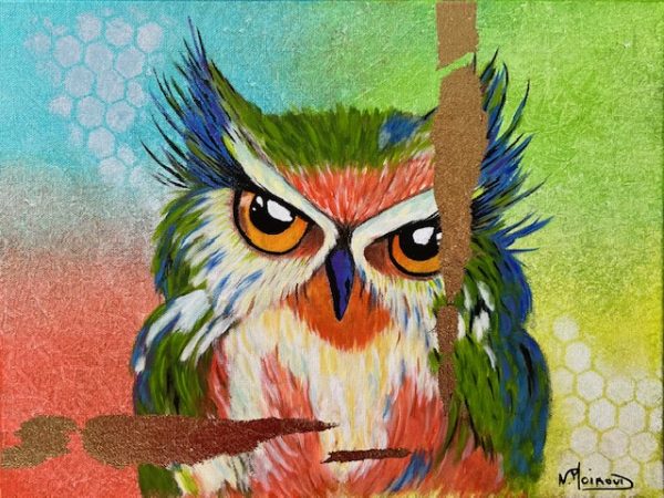 Hibou Arc-en-ciel, Peinture acrylique sur toile coton 3D 30 cm x 40 cm