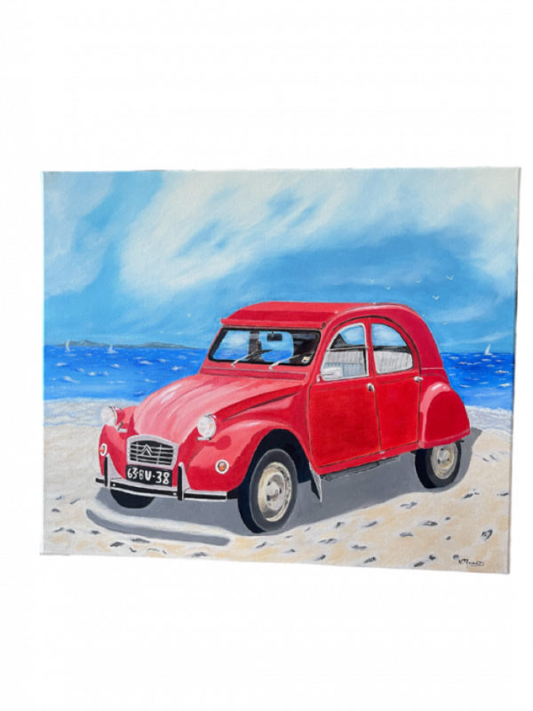 2 CH à la plage peinture à l'huile sur toile coton 50 X 60 cm