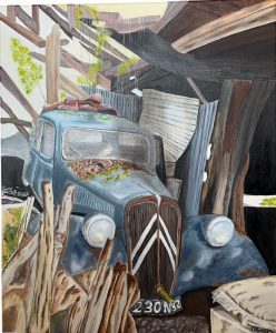Sortie de grange, peinture à l'huile sur toile coton, 50 X 60 cm