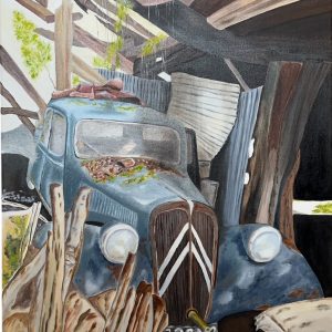 Sortie de grange, peinture à l'huile sur toile coton, 50 X 60 cm